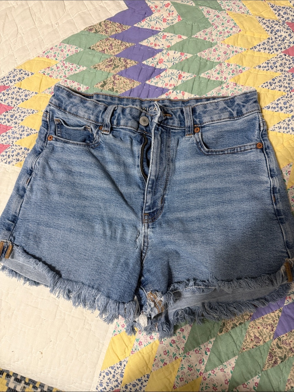 American Eagle High-Rise Light Blue Denim Frayed Hem Shorts